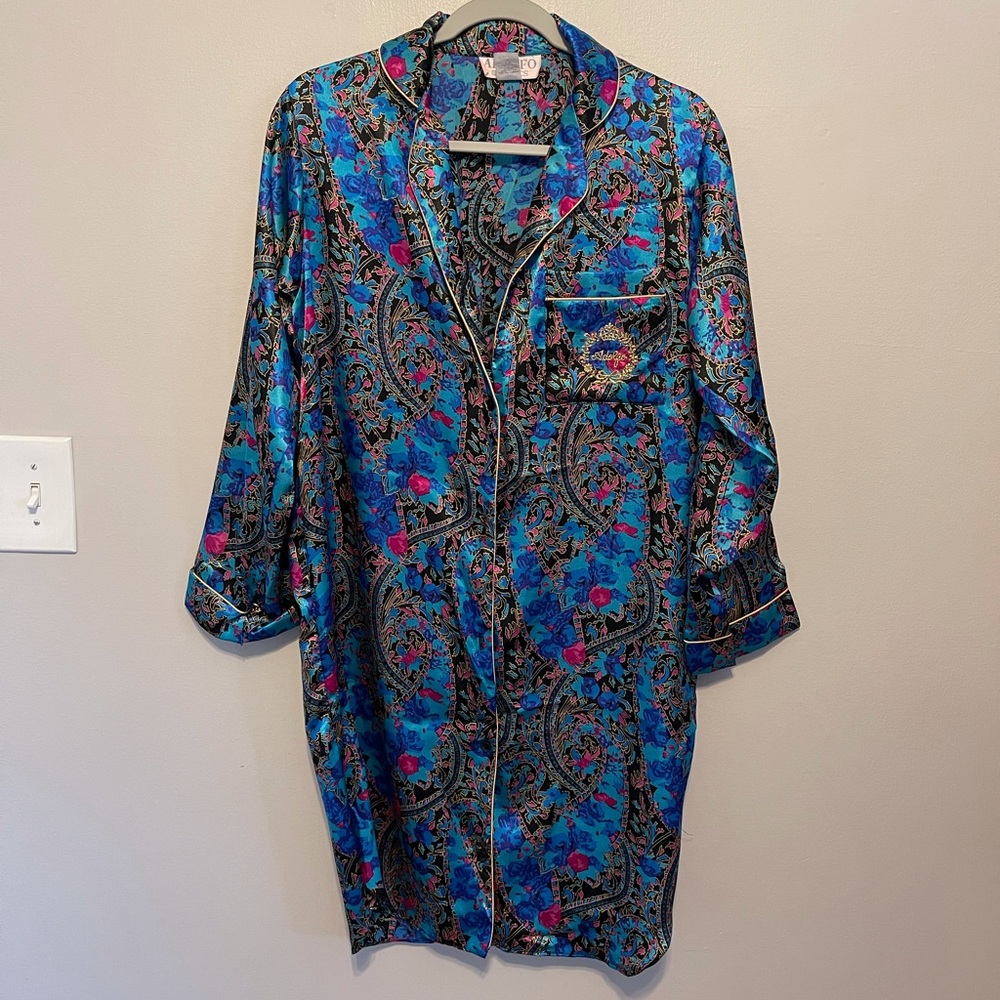 Adolfo Classics Vintage Satin Button Down Collared Nightgown